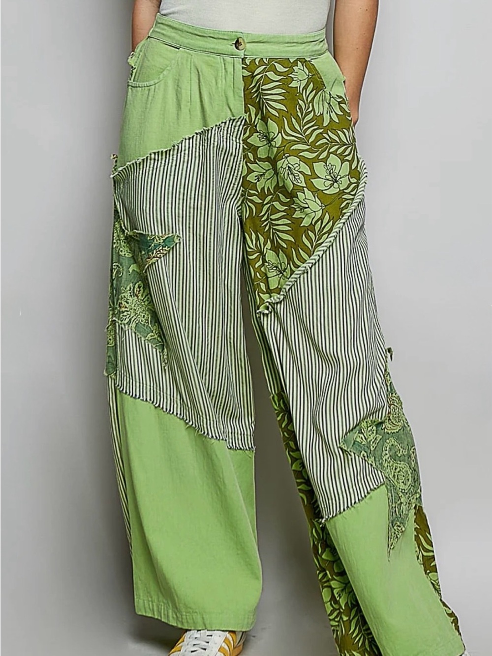 POL Patchwork Wide Leg Pants Pistachio Green Floral Boho Size Small